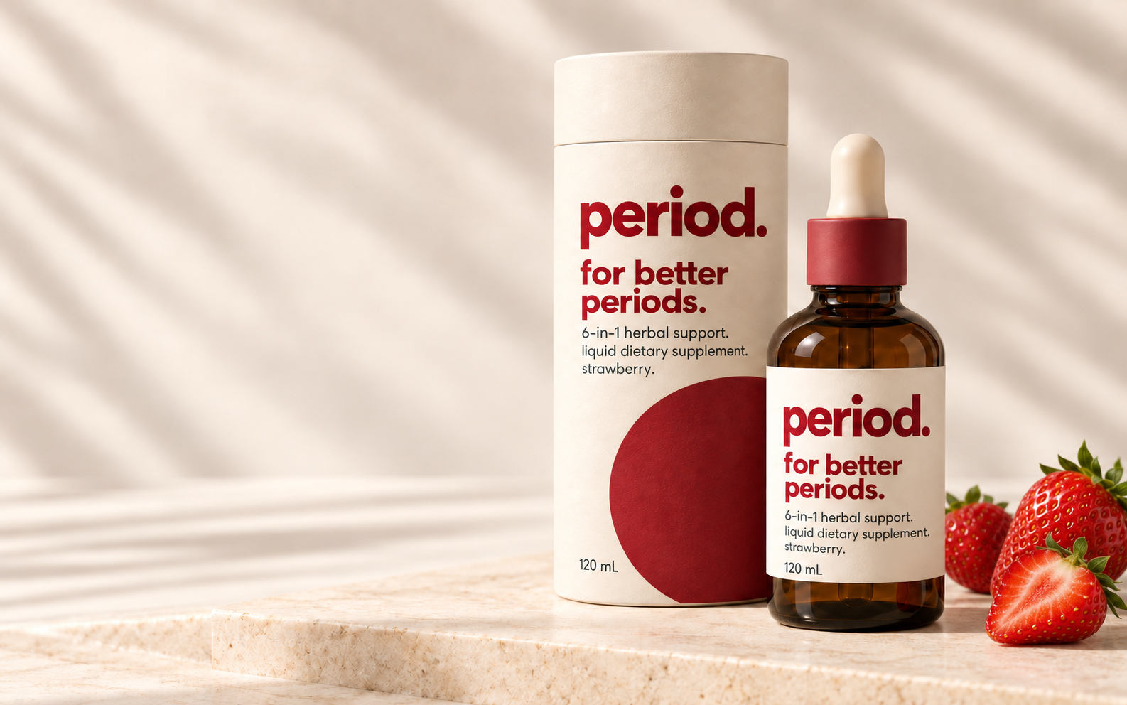 period. strawberry dropper bottle and ivory tube packaging concept