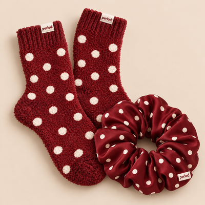 Burgundy ivory-dot socks and matching scrunchie